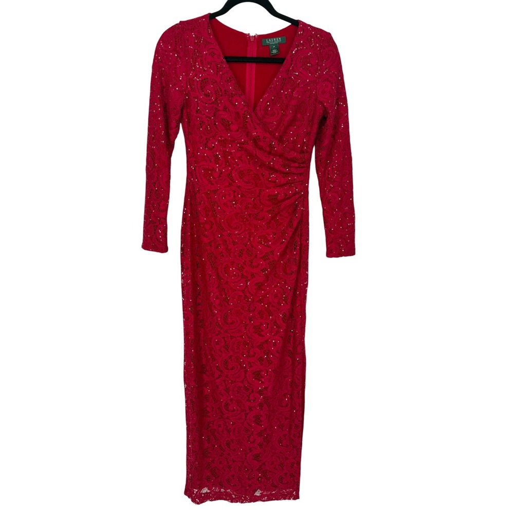 Lauren Ralph Lauren Evening Red Sequined Lace Faux Wrap Gown Dress Size 2P Glam